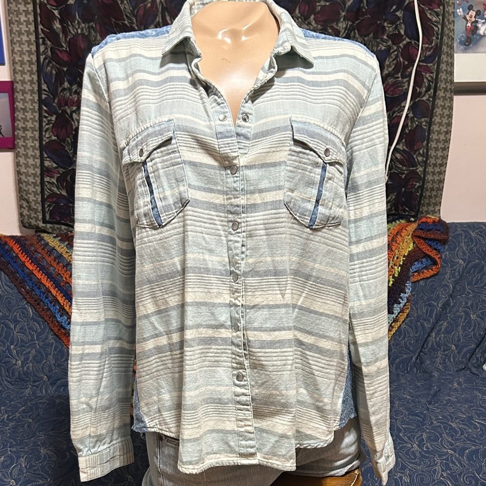 Ryan Michaels Cotton Striped Shirt with sheer lace back -button down